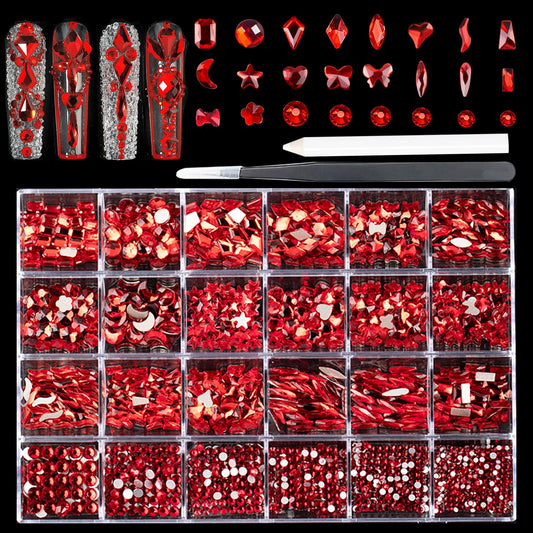 Kaipheiquan Red Nail Rhinestones Kit, 18 Types of 900 Special-Shaped Nail Diamonds + 3200 Flat-Bottomed Nail Rhinestones, 3D Nail Crystal Rhinestones for Nail Art DIY Decorations