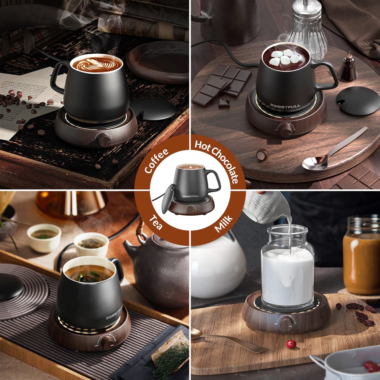 SWEETFULL Mug Warmer for Coffee and Tea Coffee Mug Warmer Set W/Mug and Lid Coffee Warmer As Coffee Gifts for Desk Office Coffee Lovers. （20W Cup Warmer Candle Warmer Auto Shut Off） (Wood Grain)