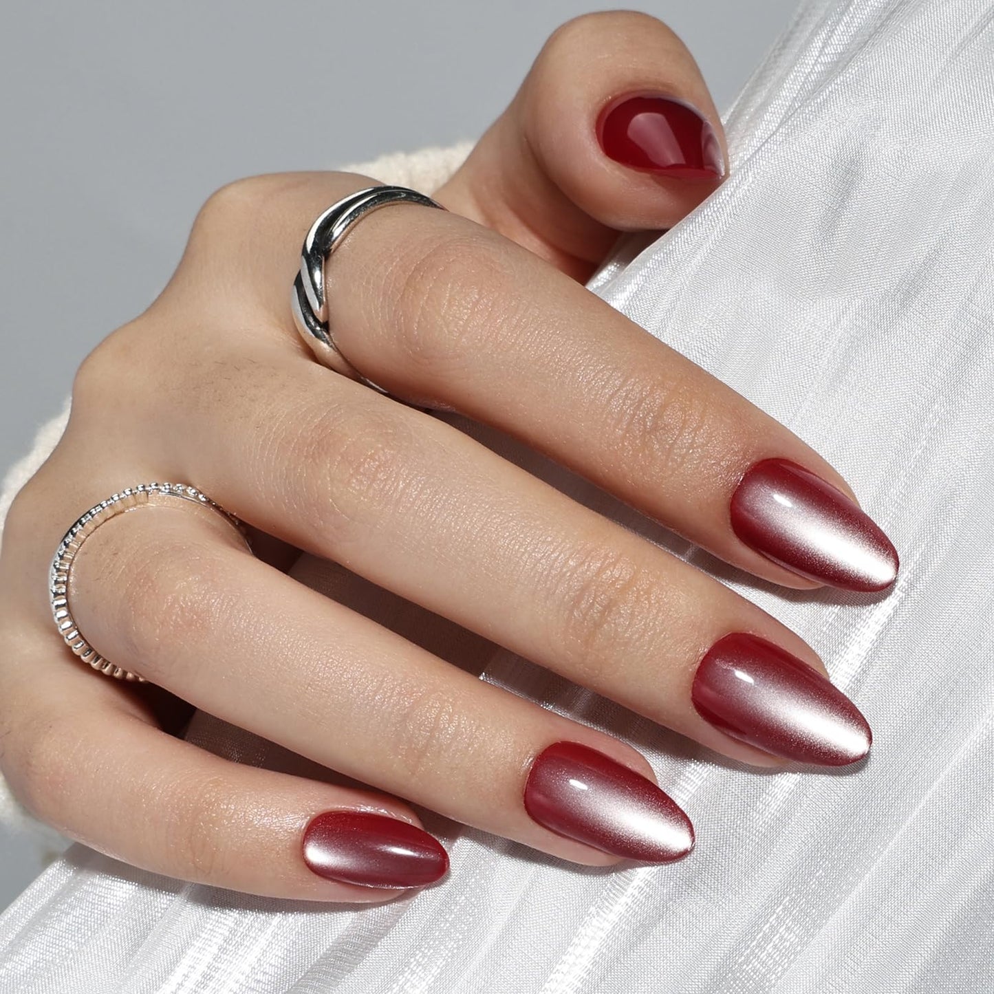 Red Cat Eye Press On Nails - Burgundy Short Almond Fake Nails, Dark Red Press On Nails Reusable Stick On Nails in 16 Sizes, 32pcs False Nail Kit for Women & Girls (Wine Chrome)