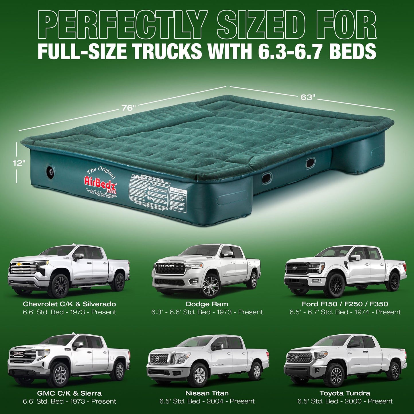 Pittman Outdoors AirBedz Lite PPI PV202C Full Size, Short 6'-6.5' Truck Bed Air Mattress with DC Corded Pump (76"x63"x12" Inflated),Green,Full Size Beds