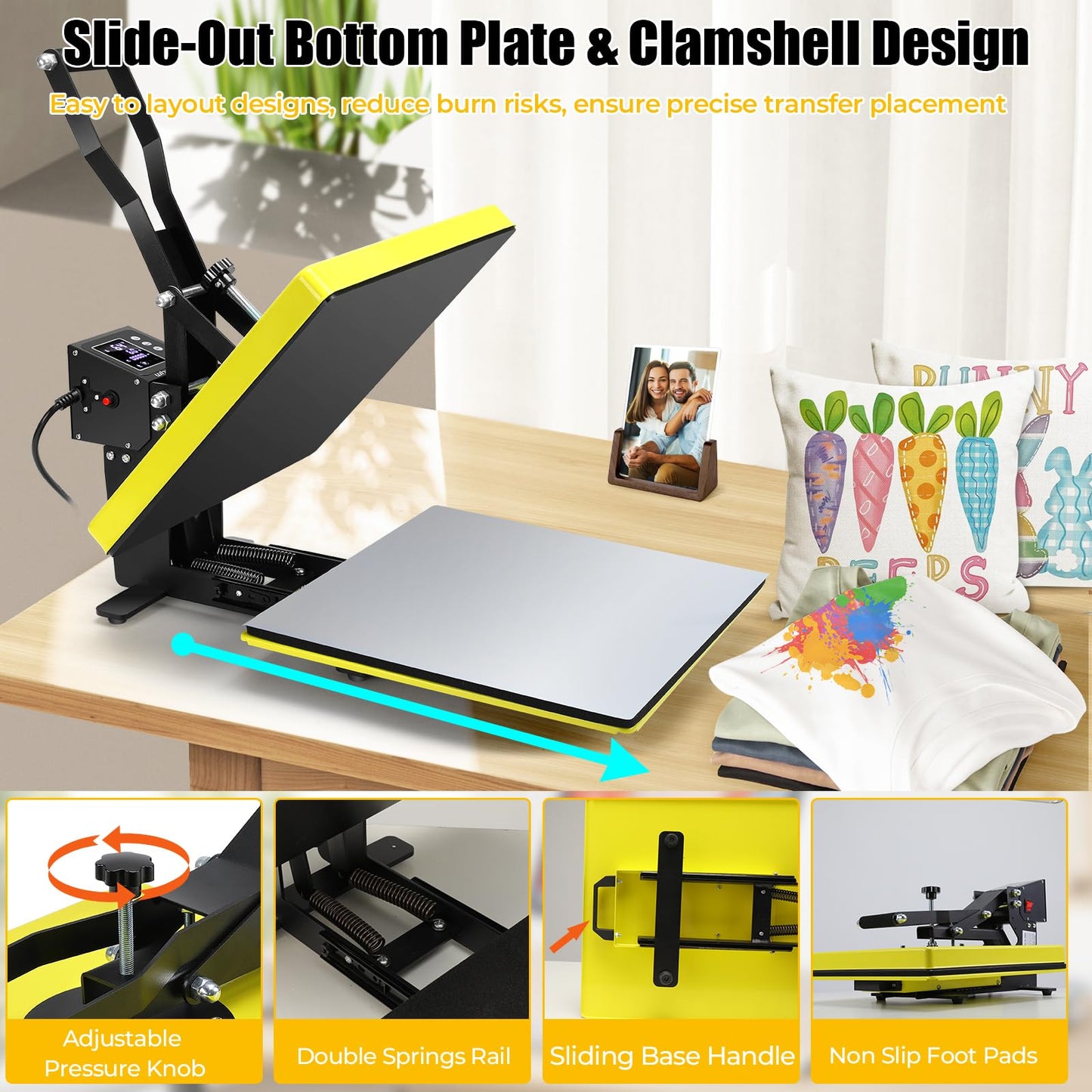 Whubefy Heat Press 15x15, Slide Out Press Machine for T-shirts w/ 3 Pre-Set Modes, Dual-Tube Fast Heating, High Pressure Digital Industrial Clamshell Sublimation Printer for Bag, Pillow, Puzzle & More