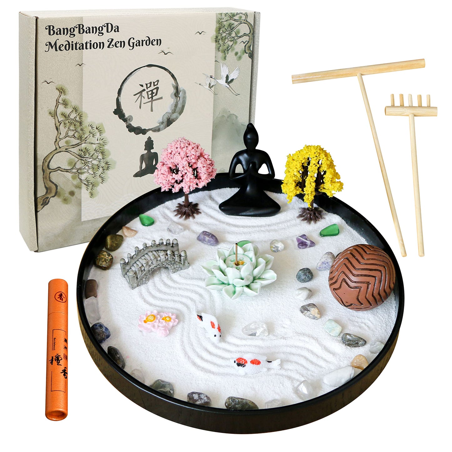 Meditation Yoga Zen Garden kit - Home Office DIY Japanese Mini Rock Sand Garden Desktop Chakra Shine Altar Zen Decor Zen Gifts for Adult w/Rake Tools Accessories Healing Crystal Sphere