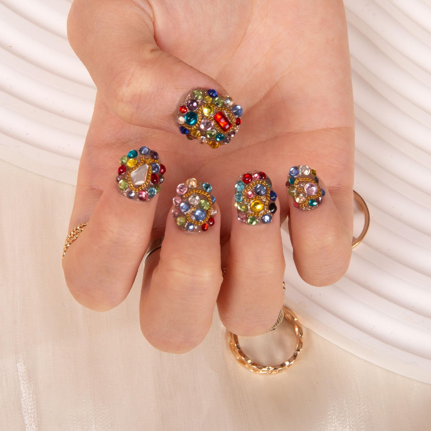 LOVFUL Press on Nails Rainbow Luxe | Handmade with Full Covered Crystals | Reusable Full Cover Nails | Square Short 0.8 in | K21(YH482)-L