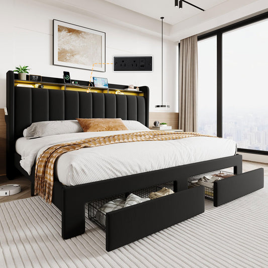 SHA CERLIN Velvet King Size Bed Frame with Vertical Channel Tufted Wingback Headboard & 2 Storage Drawers/2-Tier Shelves with LED Lights & Charging Station/Noise-Free/No Box Spring Needed/Black