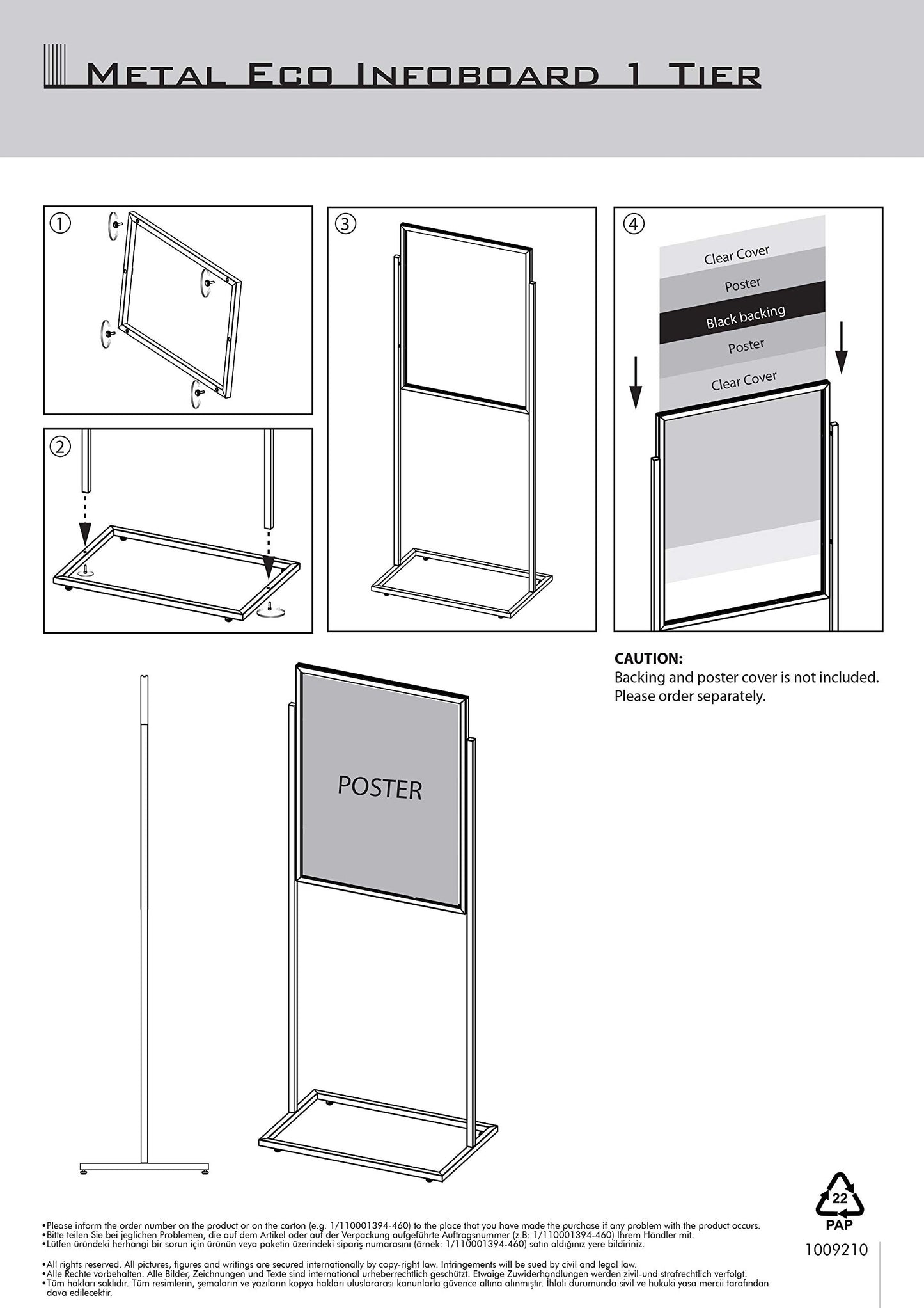 M&T Displays Metal Eco Info Board, Black 24x36 Inches Slide-In Poster Sign Holder 1 Tier Double Sided Floor Standing Pedestal Advertising Display with Backing and Anti-Glare PET Cover