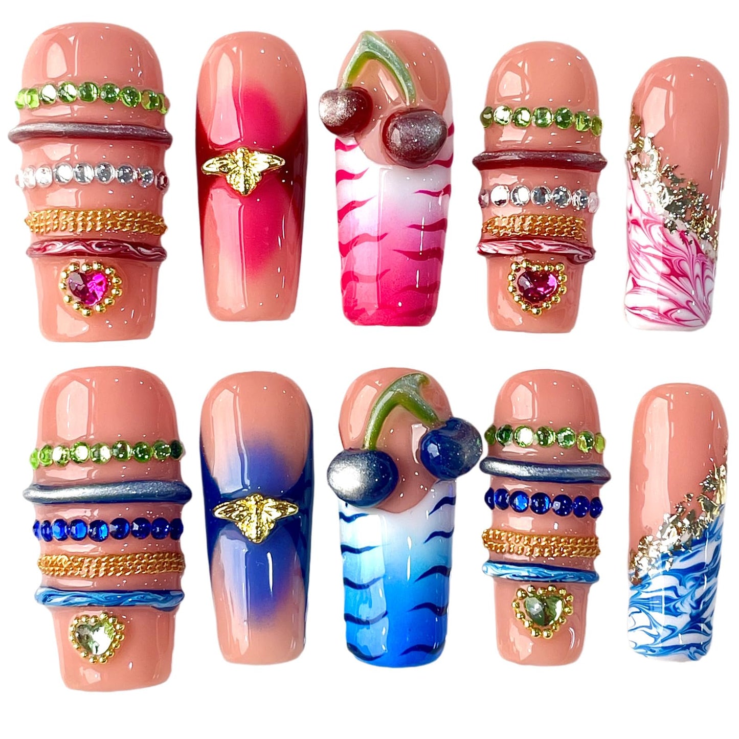 3D Cherry Handcrafted Press On Nails, Long/Medium Square, Gradient & Marble Accents, Reusable Acrylic False Nails, Duo-Tone (S)