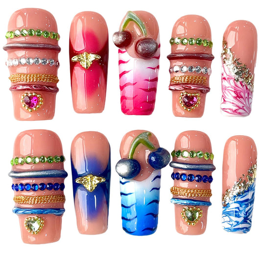 3D Cherry Handcrafted Press On Nails, Long/Medium Square, Gradient & Marble Accents, Reusable Acrylic False Nails, Duo-Tone (S)