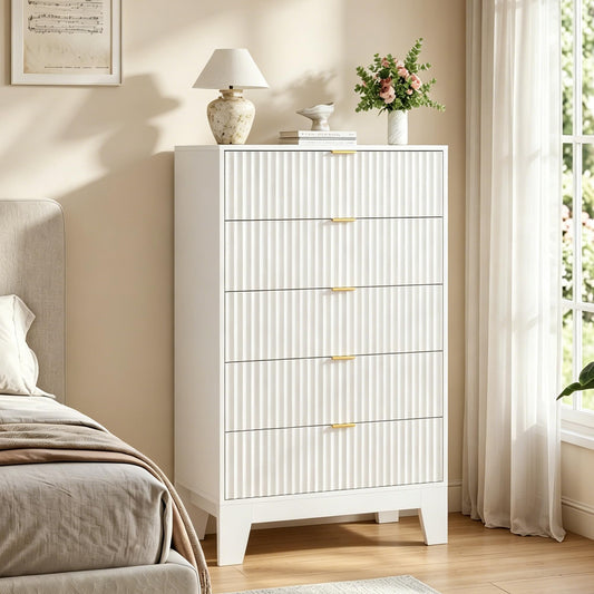 Garvee 5 Drawer Dresser for Bedroom, 47" Tall Fluted Chest of Drawers with Metal Handle, Modern Wooden Dresser TV Stand, Clothes Storage Organizer Wood Closet for Hallway, Entryway, White