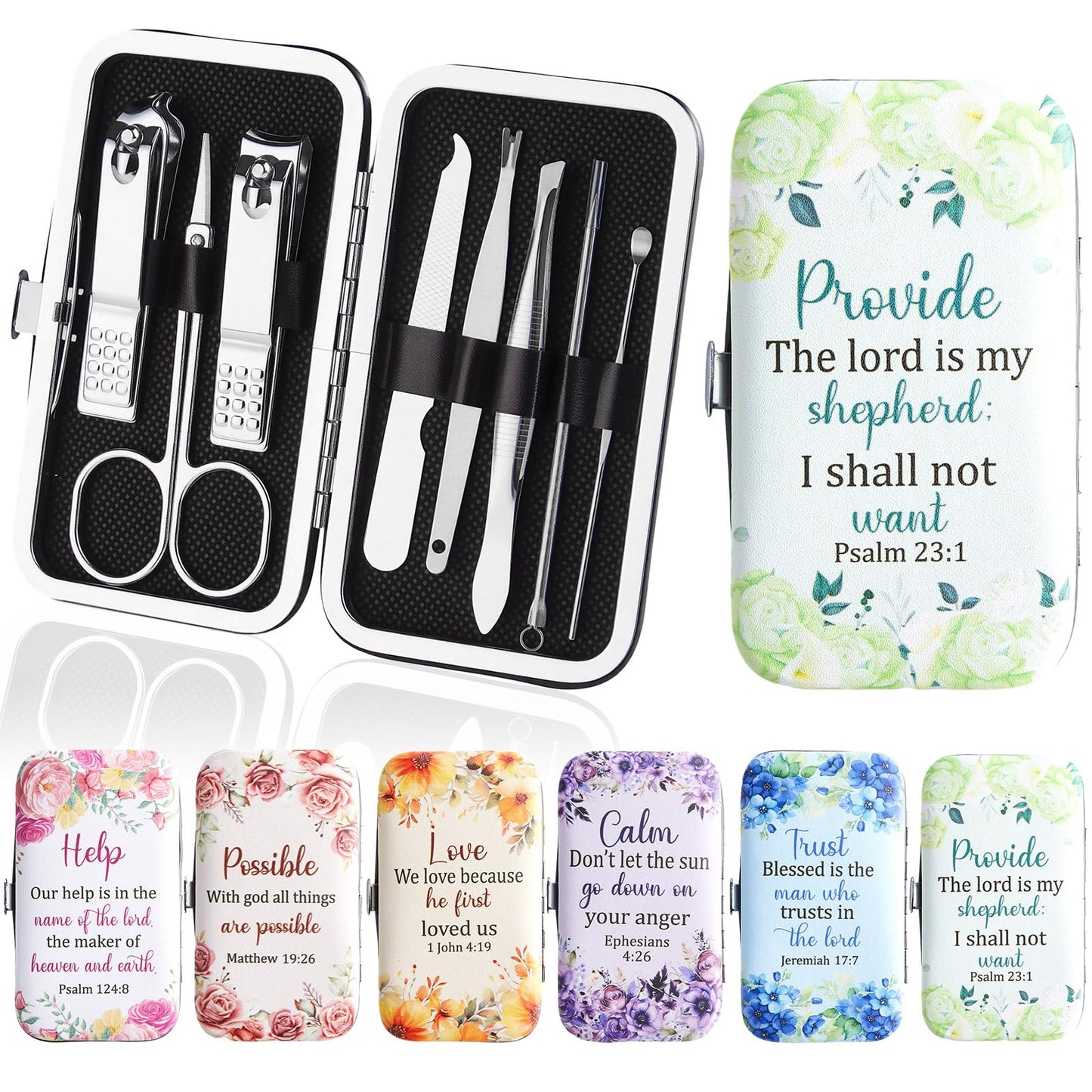 6 Sets Christian Gifts Bulk for Women Bible Verse Manicure Kit Religious Nail Clipper Gifts Floral Scripture Stainless Nail Gift 8 in 1 Church Bible Manicure Sets for Staff Women Party Supplies