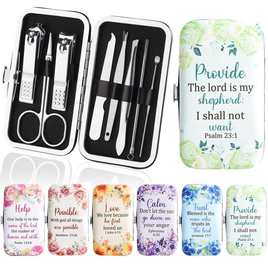 6 Sets Christian Gifts Bulk for Women Bible Verse Manicure Kit Religious Nail Clipper Gifts Floral Scripture Stainless Nail Gift 8 in 1 Church Bible Manicure Sets for Staff Women Party Supplies