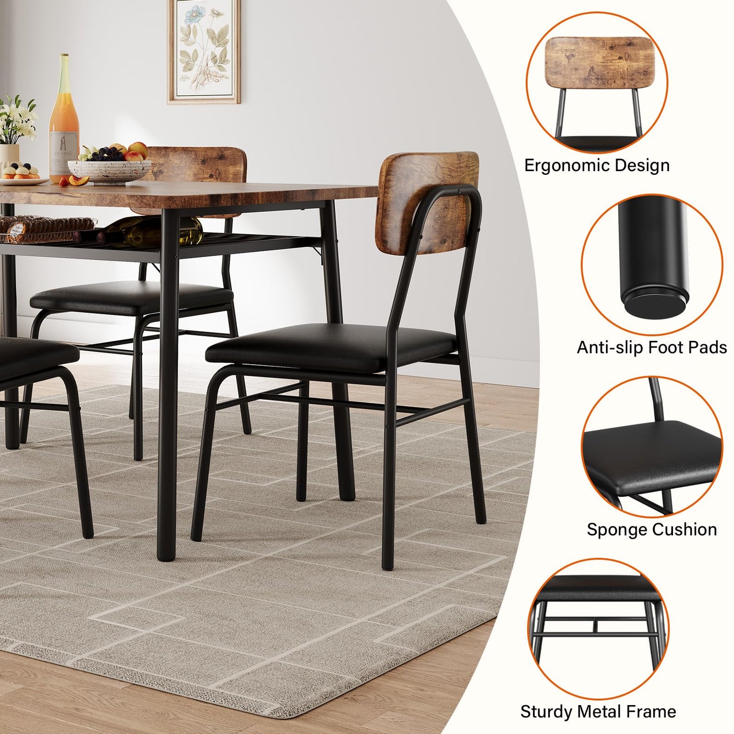 IDEALHOUSE Dining Table Set for 4 with Storage Rack, 5-Piece Kitchen Table and Upholstered Chairs of 4, Wood Tabletop & Heavy-Duty Metel Frame, Dining Room Set for Small Space, Apartment, Brown