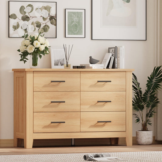Garvee 6 Drawer Dresser for Bedroom, 47" Wide Natural Oak Chest of Drawers with Large Capacity Drawers & Sturdy Thickened Legs, Wooden Storage Organizer Closet for Living Room, Entryway, Natural
