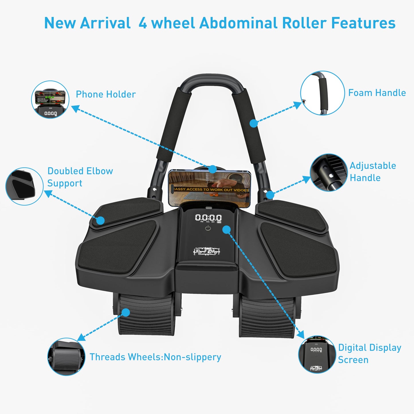 Ab Roller Home Gym Equipment – 4 Wheels Ab Wheel Muscle Roller, Yoga Stretching Strap, 3 Resistance Bands – Comfortable Elbow Support with Non-Slip Handles