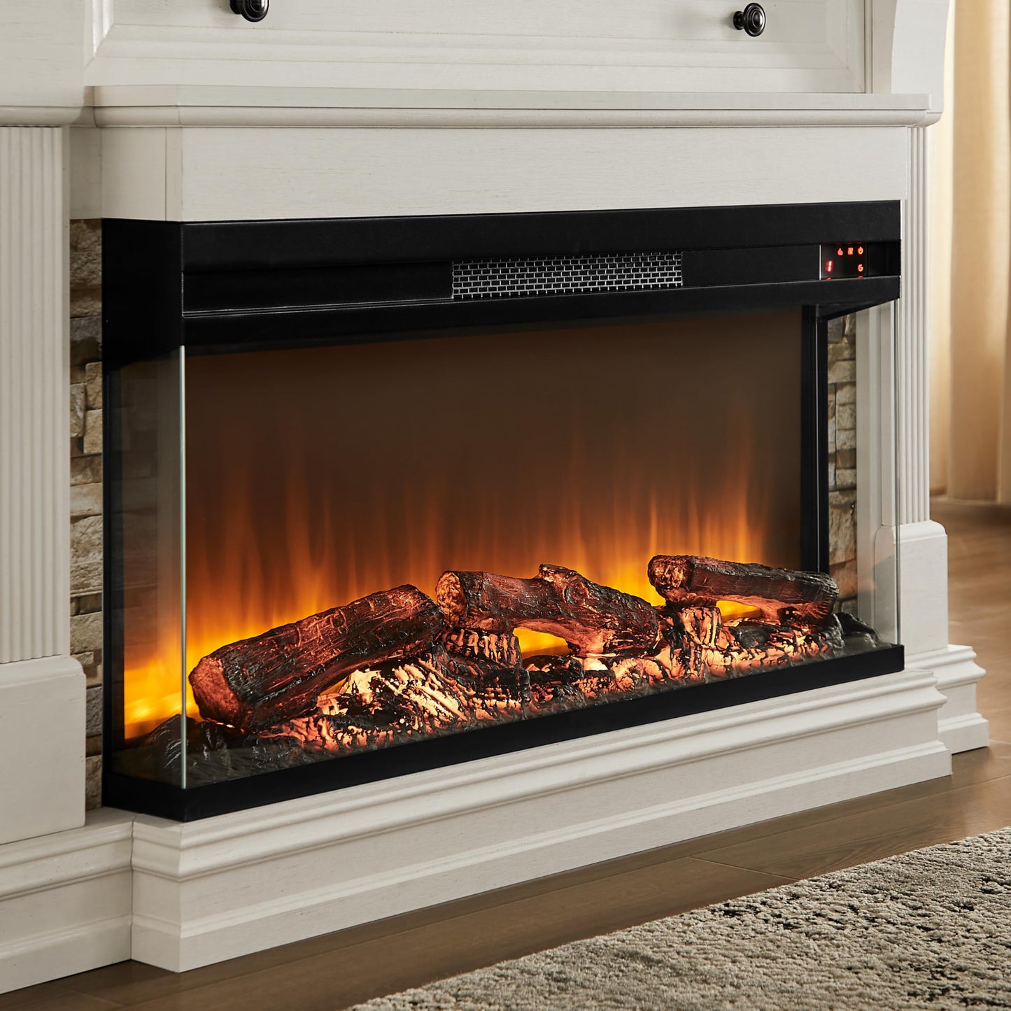 OKD 52 Inch Electric Fireplace with Mantel, Fireplace TV Stand with 36" 3-Sided Glass Electric Fireplace Heater for Living Room (Antique White)