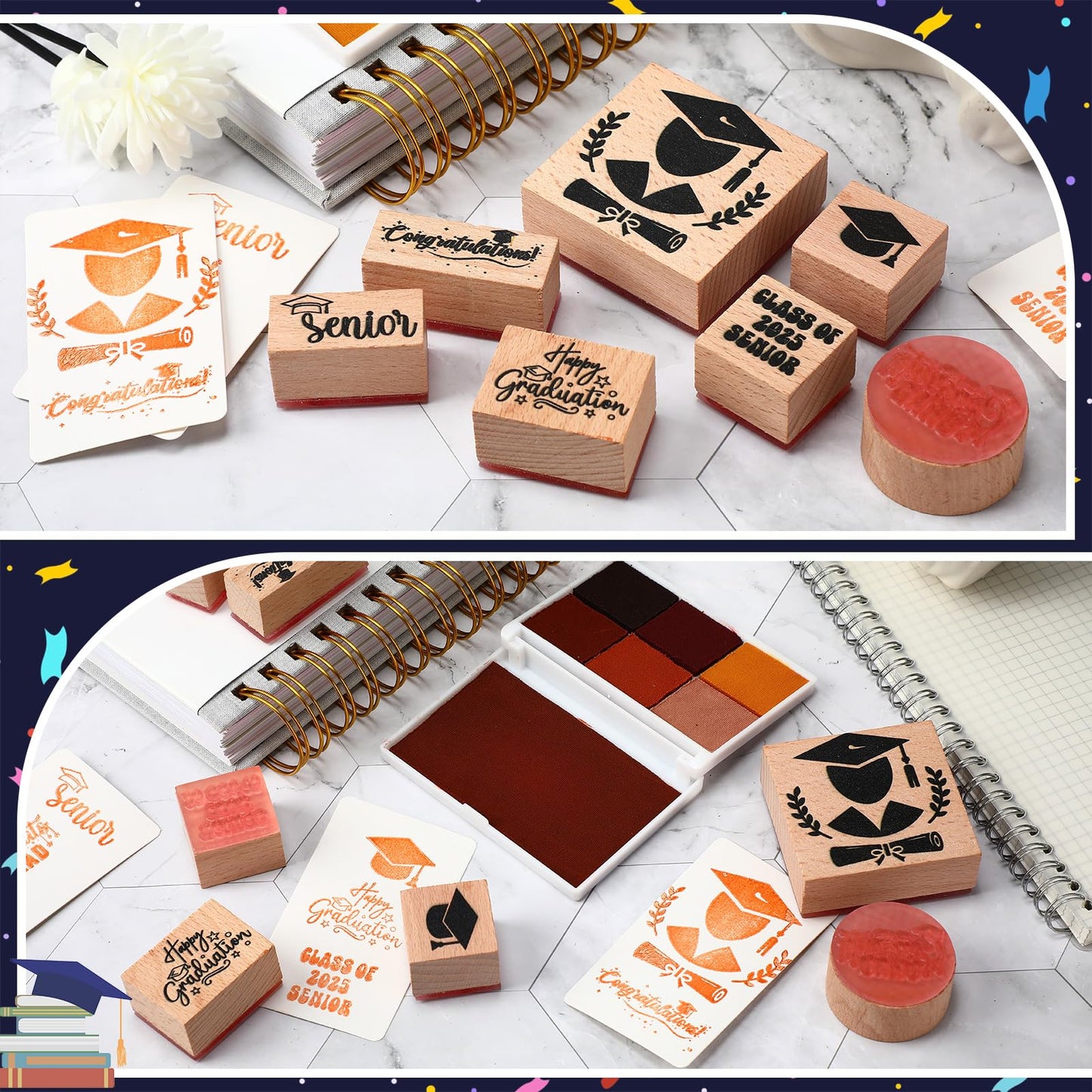 Supervitae 8 Pcs Graduation Rubber Stamps Set Wooden Rubber Stamps Graduation Season Vintage Wooden Rubber Art Stamps for Crafting and DIY Scrapbooking Card Making Hand Book