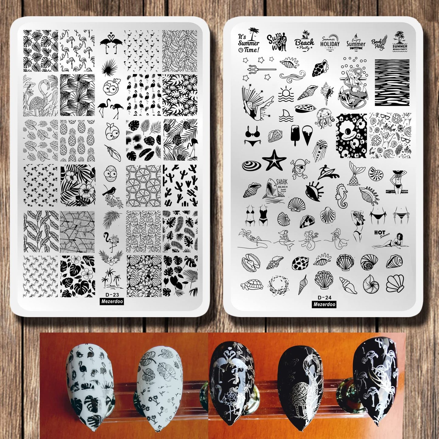 Summer Nail Art Stamping Plates Kit- 2pcs Mermaid Swan Nail Art Plate Templates Flamingo Flowers and Cute Ocean Animals Stamp Templates Set Nails DIY Design Gift for Women