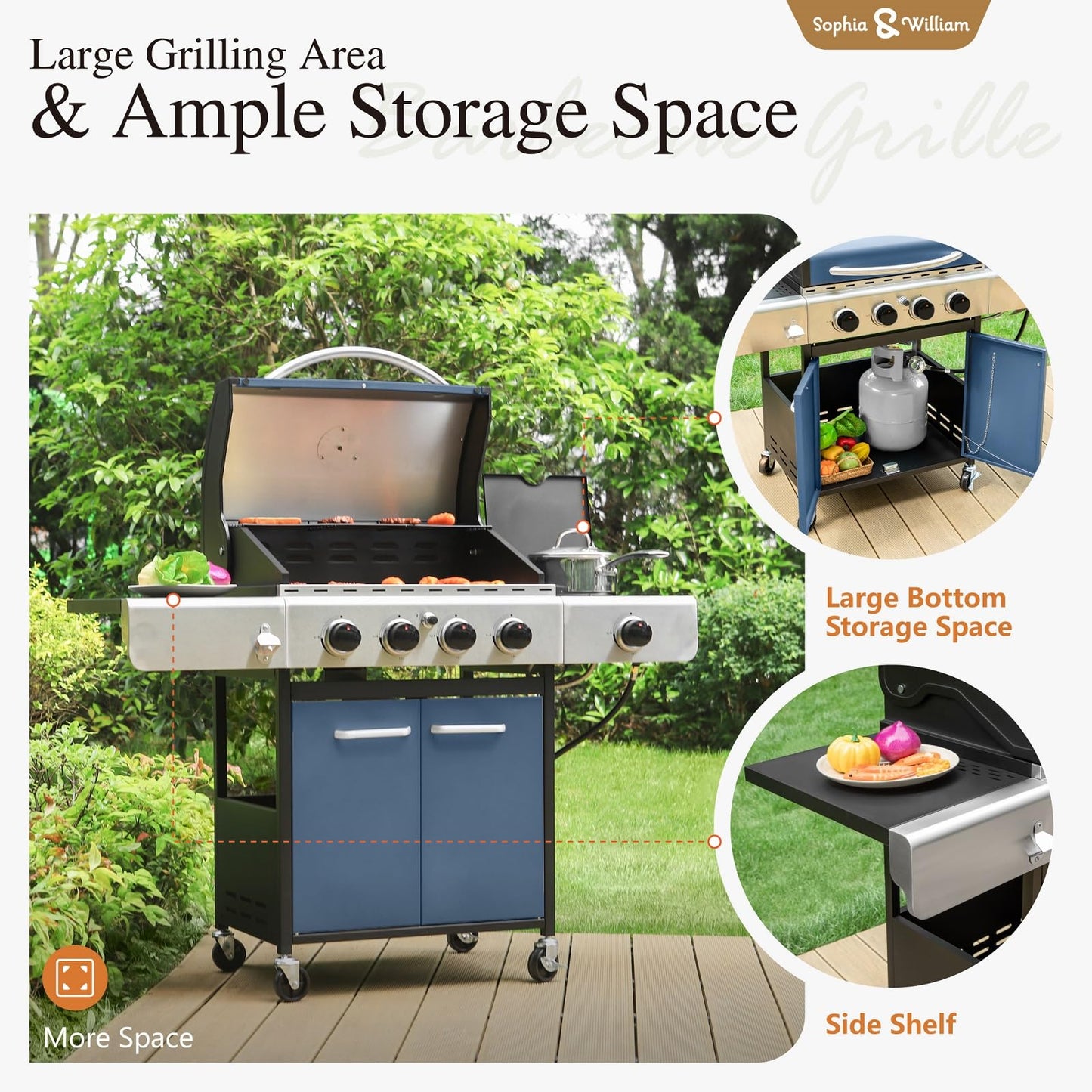 Sophia & William 4-Burner Gas BBQ Grill with Side Burner and Porcelain-Enameled Cast Iron Grates, 42,000BTU Propane Grills Outdoor Cooking Barbecue Cabinet Style, Blue