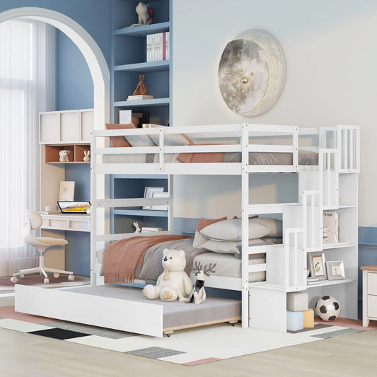 Twin Over Twin Bunk Bed with Trundle,Solid Wood Bunk Beds with Storage Stairs,Bunk Bed Twin Size with Stairs for Kids,Teens,Adults,White