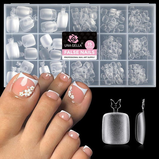 UNA GELLA Toe Nail Tips 312 Pcs Square Round Full Cover Fake Toe Nails Press On Clear 15 Sizes Pre-shape Soft Gel Toe Nail Tips Double Matte Acrylic Toenails for Nail Extensions DIY Home Nail Salon