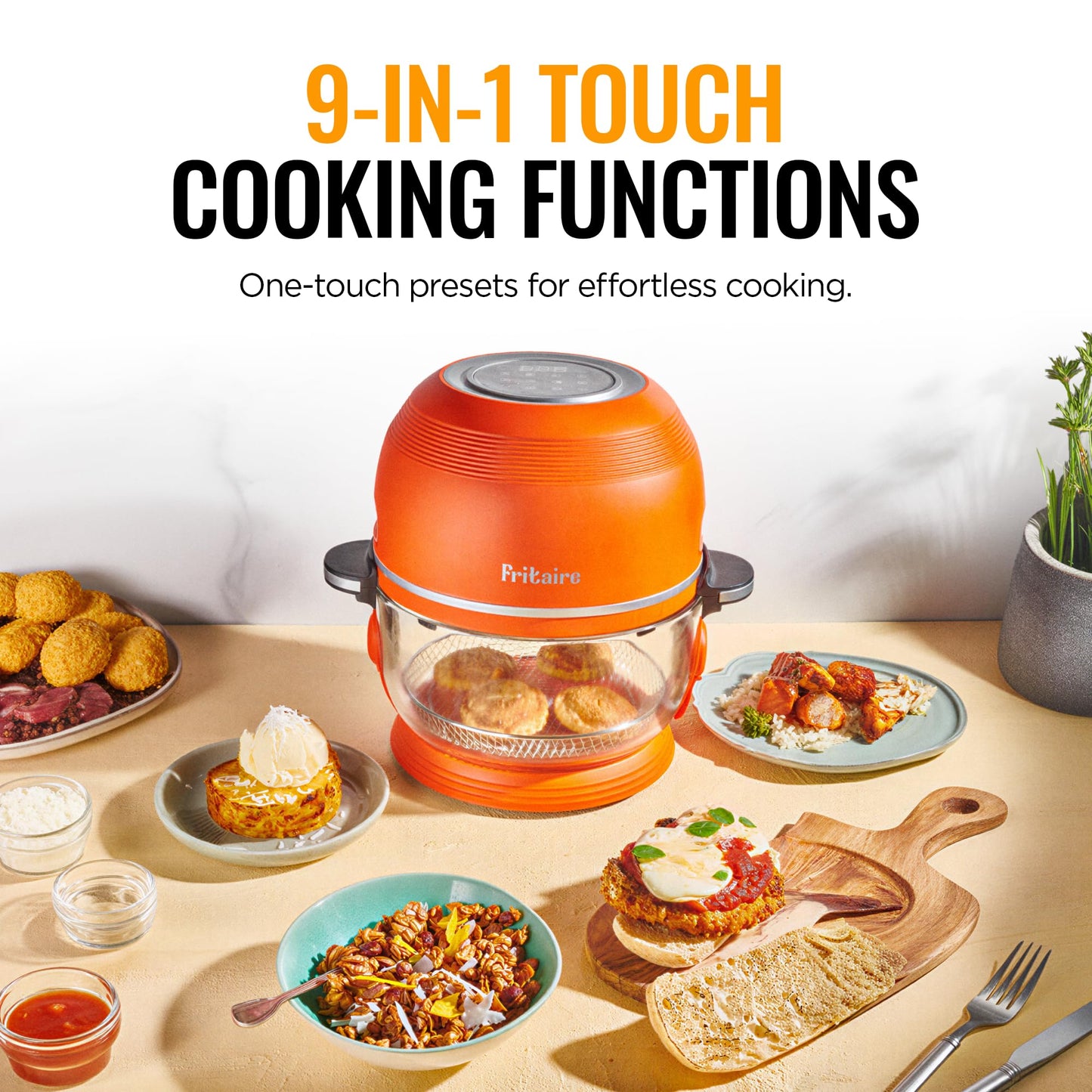 Non Toxic Air Fryer™ Pro | 9-in-1 Glass Air Fryer | Self-Cleaning | 5 Quart | Rotisserie and Tumbler | 400F Vortex For Even Cooking, BPA-Free Teflon Free, Recrisp, Roast, Bake, Orange