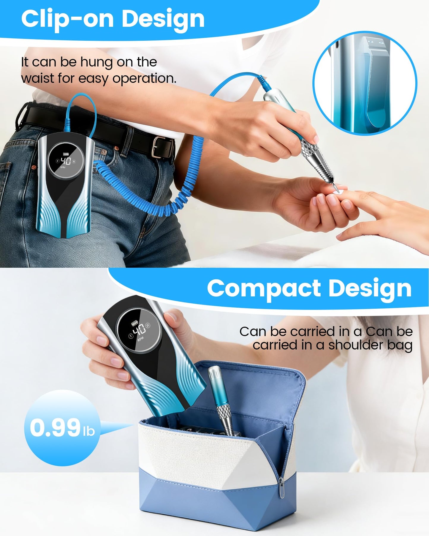 Nail Filer Electric Nail Drill Professional, Kisufu 45000 RPM Rechargeable Efile Nail Drill Kit with Smart Led, 3600mAh, Portable Nail Grinder for Salon Home Use, Women's Day Gifts (Blue).