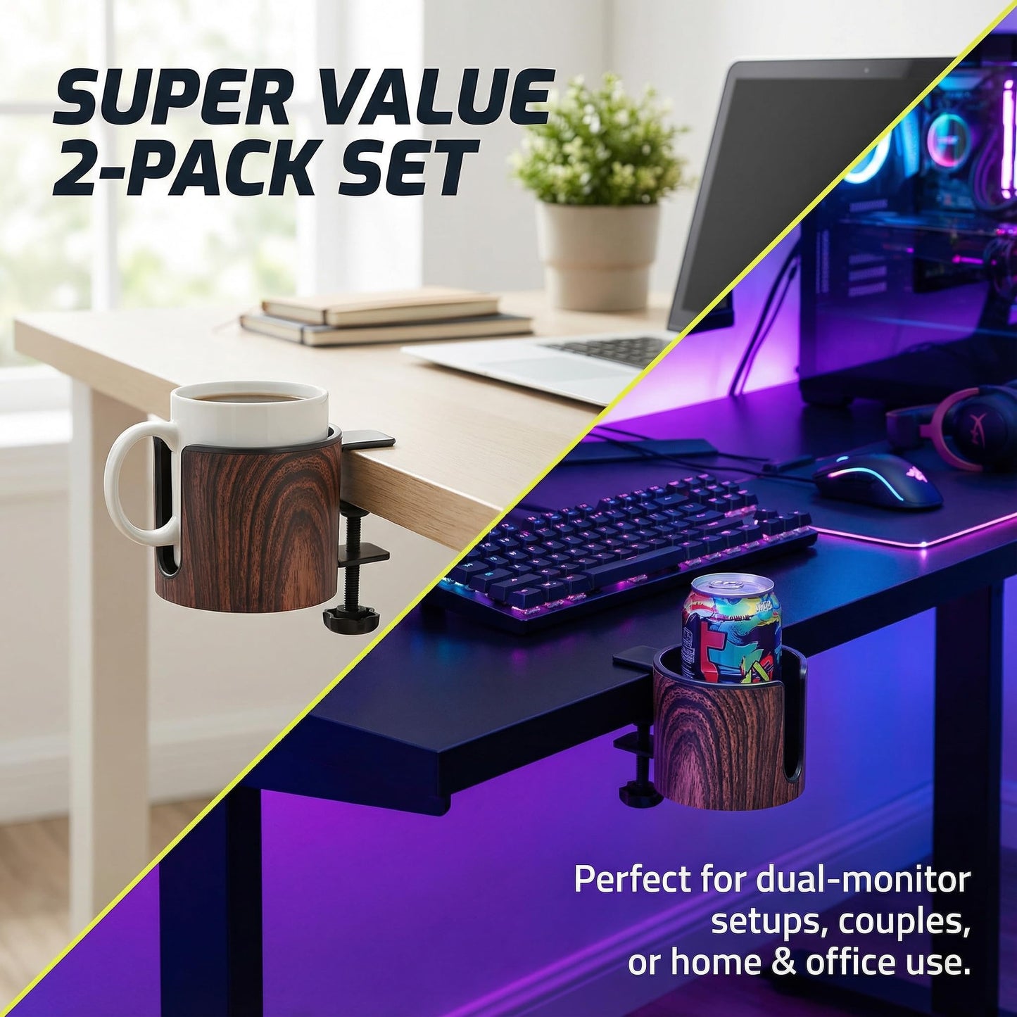 cowinational Luxury 2pcs Desk Cup Holder, Tool-Free Clamp On Desk Cup Holder, Fits 40oz Tumbler Holder & 0.2-2in Thick Desks, Anti-Spill for Office, Home, Gaming (2PCS Walnut Design)