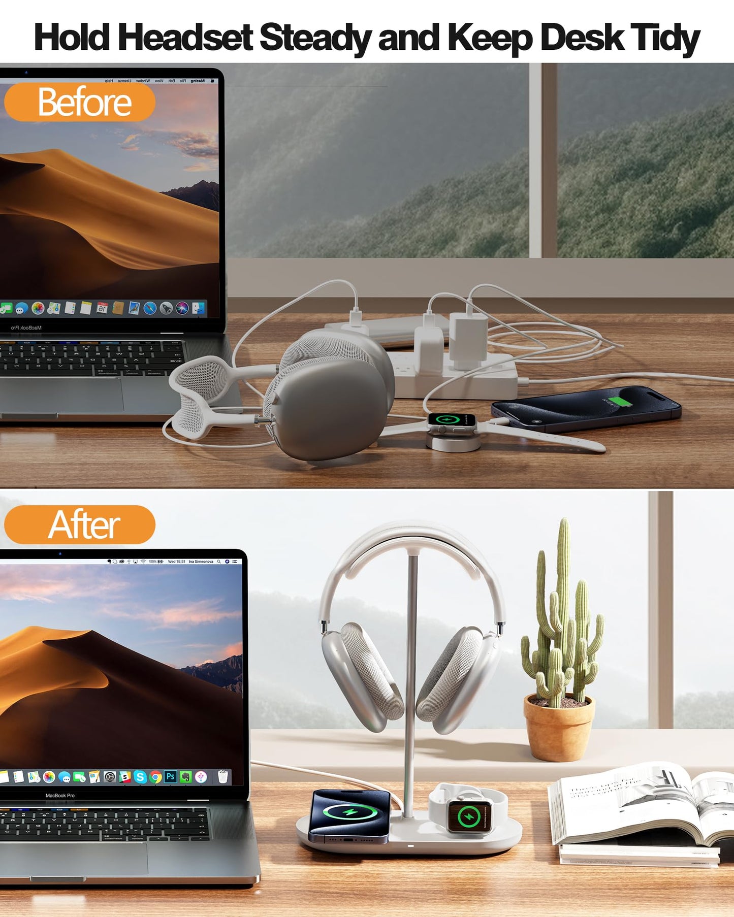HiWe Headphone Stand, 2-in-1 Wireless Charger for iPhone/Apple Watch, Aluminum Alloy Rod, Minimalist Desk Organizer, White