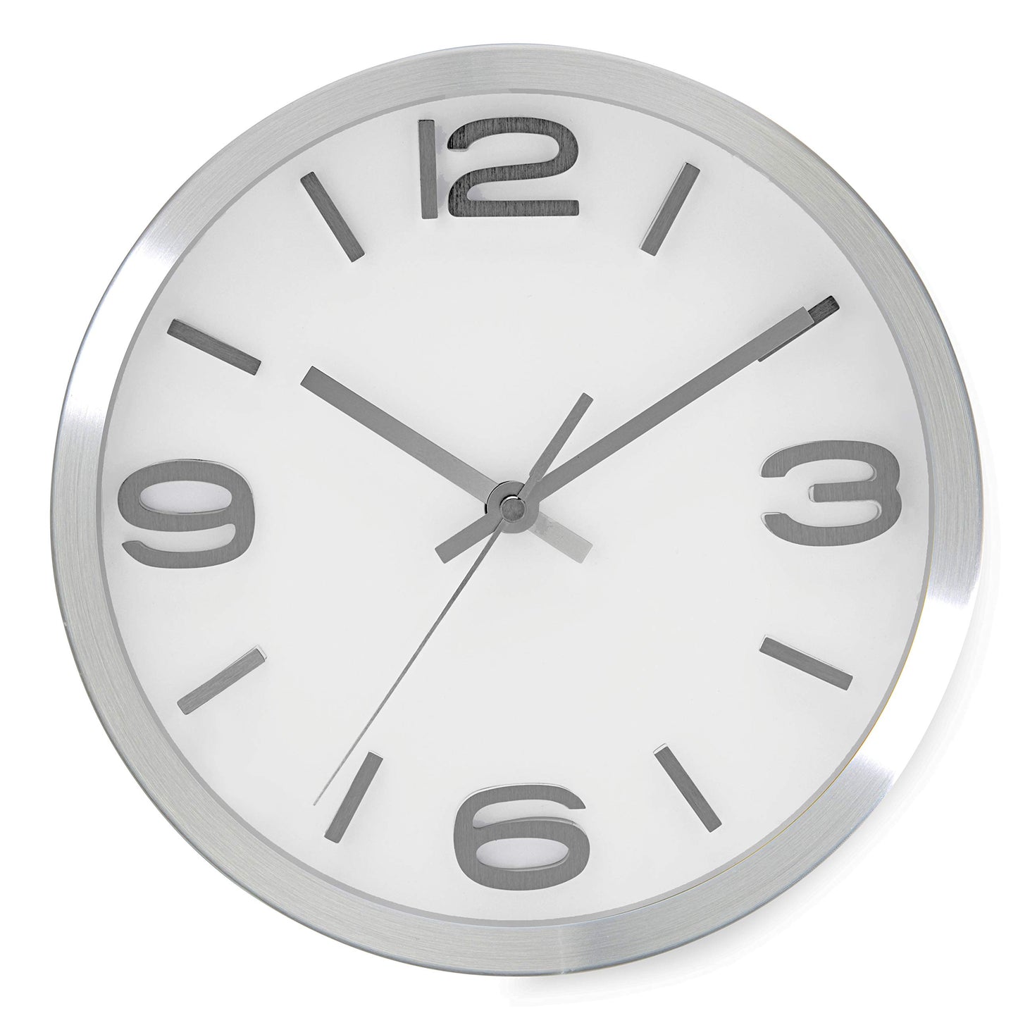 Bernhard Products Modern Wall Clock 10 Inch Silver Silent Non Ticking Battery Operated Round Elegant Metal Quality Quartz for Kitchen Home Office Clock with 3D Numbers, Easy to Read