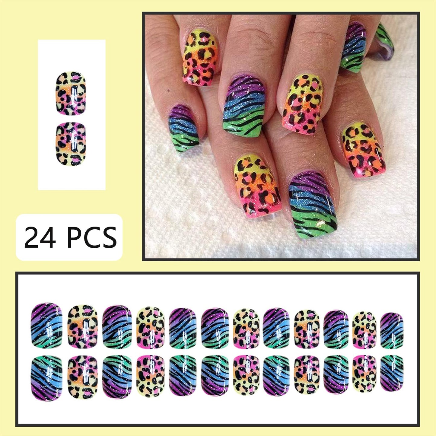 Fluorescent Leopard Print Press on Nails Medium Square Fake Nails Rainbow Leopard Print False Nails with Zebra Prints Design Stick on Nails for Women Girls Summer Manicure Decoration 24 Pcs
