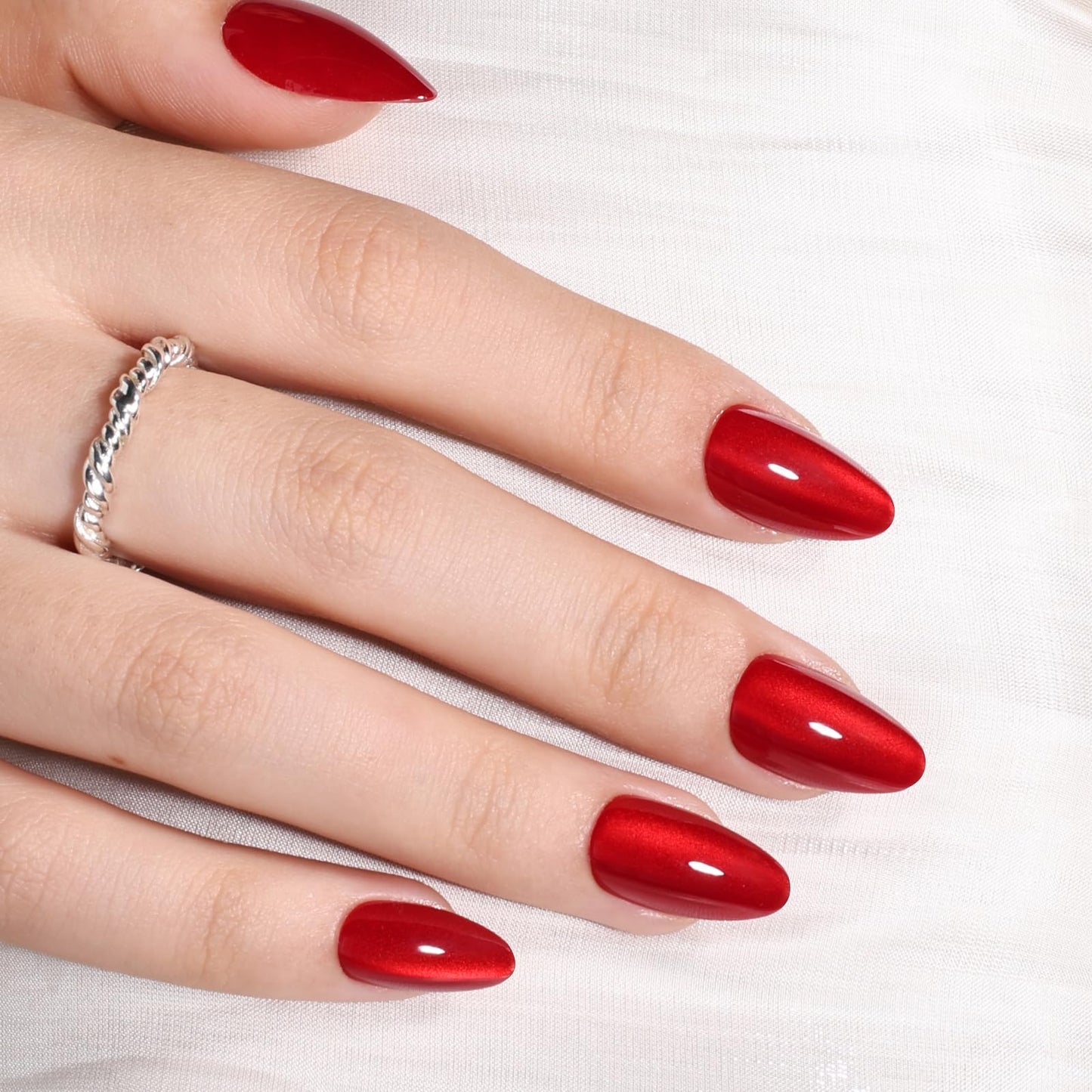 Cherry Red Cat Eye Press on Nails - Short Almond Press On Nails Press Ons for Women Red Fake Nails with Glue, Glossy Reusable Glue on Nail in 16 Sizes - 32pcs
