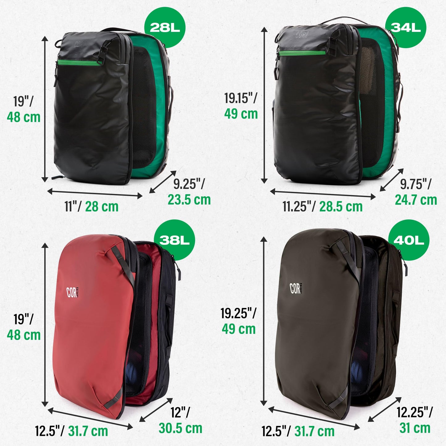 COR Surf Travel Backpack Carry On Backpack for Airplanes - Island Hopper 2.0 - Travel Backpack with Clamshell Design -Black with Green Zipper