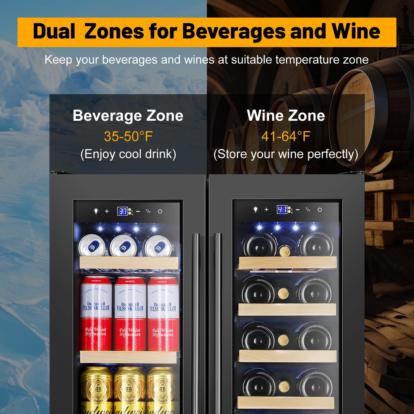 FoMup Wine and Beverage Refrigerator, 24 Inch Beverage Cooler Dual Zone with Glass Door, Under Counter Beverage Fridge with Upgraded 60 Cans 20 Bottles Large Capacity, Black