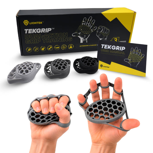 LIONTEK TEKGRIP Hand Grip Strengthener & Finger Exerciser, Dual-Action Grip and Extension Trainer with 3 Progressive Resistance Levels (TEKGRIP 3 Piece Set)