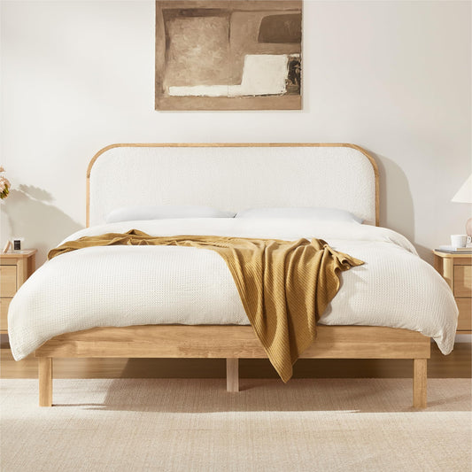 KISLOT Wood Bed Frame with Upholstered Headboard, Mid-Century Boucle Fabric Platform Modern Bed Mattress Foundation Noise-Free No Box Spring Needed Easy Assembly