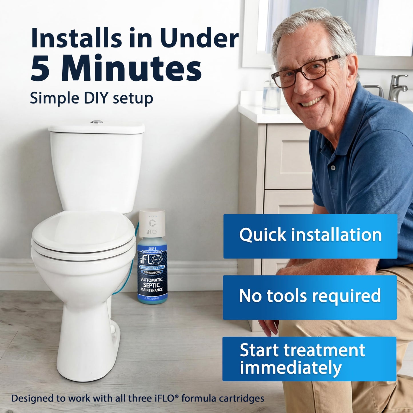 iFLO® Automatic Septic Tank Treatment & Maintenance Kit – Weekly Enzyme Dispenser Prevents Backups, Clogs & Odors – Breaks Down Sludge, Grease & Waste – 6-Month Supply (Up to 1,500 Gallons)
