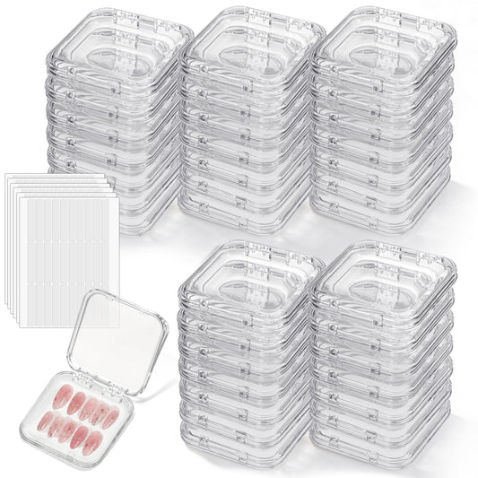 SHENLIU 50 Sets Press On Nail Storage Box, Clear Artificial Nail Display Case Acrylic Nail Boxes Press On Nail Packaging Box with Adhesive Double Sided Tape Nail Boxes for Nail Salon