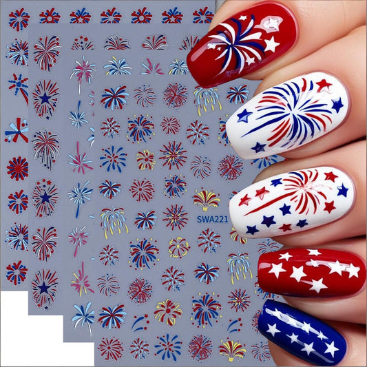 Independence Day Nail Art Stickers Fireworks Nail Art Decals 4Sheets 3D Colorful Fireworks Design 4th July Nail Stickers Firecracker Sparkle Self-Adhesive Decals for Women Manicure Decorations