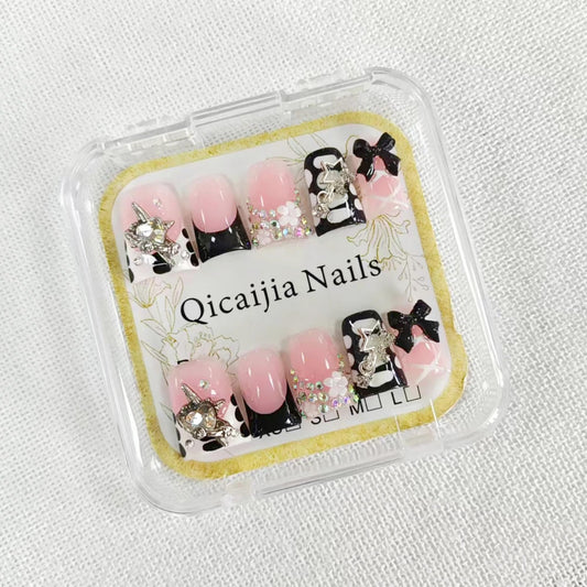 Handmade Duck Press on Nails Medium Fake Nails Black French Tip Press on Nails with 3D Bow Rhinestone Design Multi Gel Acrylic False Nails Luxury Duck Nails Press ons for Women Manicure 10Pcs(Size M)