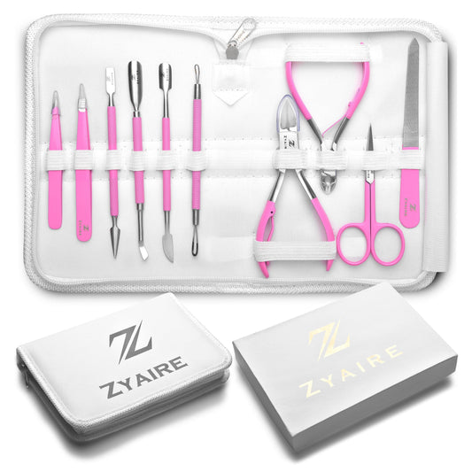 Manicure Pedicure Set - 10-in-1 Stainless Steel Grooming Kit, Personal Care Tools, Nail Nipper, Cuticle Cutter, Scissors, Tweezers, Blackhead Remover, Nail File & Case (Pink)