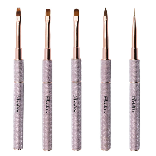 Aridito 5pcs new shiny leather case with metal handle and cap gel nail art brushes professional tools for High-end nail salon use