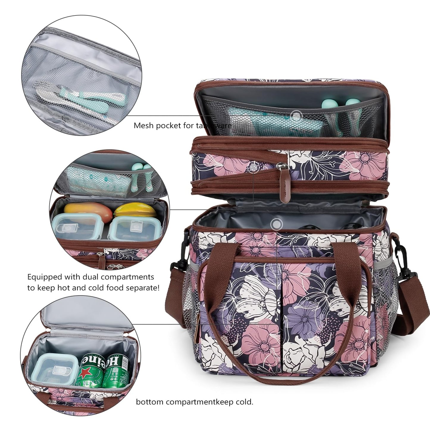 MOV COMPRA Lunch Bag for Women Men Double Deck Expandable Lunch Box,Large Lunch Bags,Leakproof Lunch Box Cooler Bag (Purple Flower)