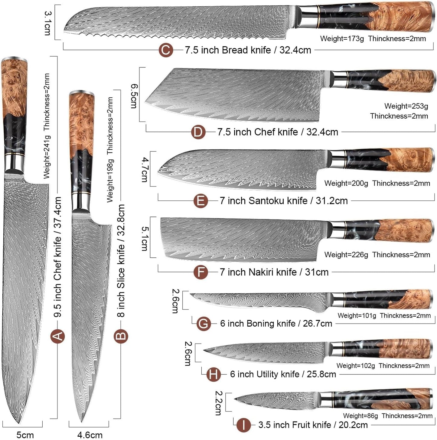 9 PCS Damascus Kitchen Knife Set - 67-Layer High-Carbon Damascus Steel, Pro Chef/Slicing/Utility/Paring Knives & Sharp Cleaver, Ergonomic Rosewood Handles, Ideal for Home/Pro Cooks (Black 9J)