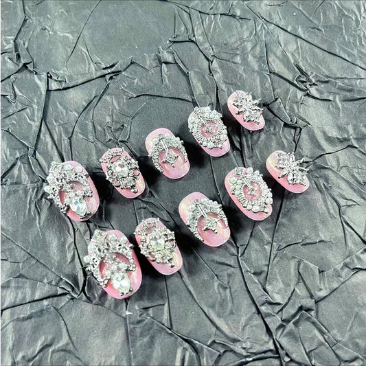 Short Press on Nails Handmade Nails 10Pcs Palace Style Pink Cat Eye Nail Art Manual Press on Nails for Women Party Holiday Photo 18mm Long Size S