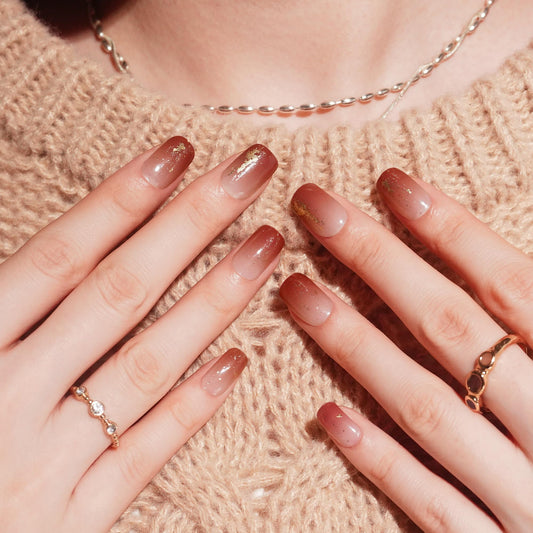 DANNI & TONI Semi Cured Gel Nail Strips Reddish Brown Gradient Gold Foil Gel Nail Wraps 28 Stickers | Golden Ember