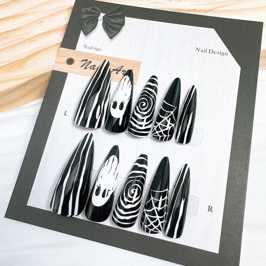 24pcs Halloween Press on Nails Long Almond Fake Nails with Designs White Ghost False Nails Kit Spider Web Glue on Nails Black Full Cover Stick on Nails for Women Holiday Nail Art Decoration