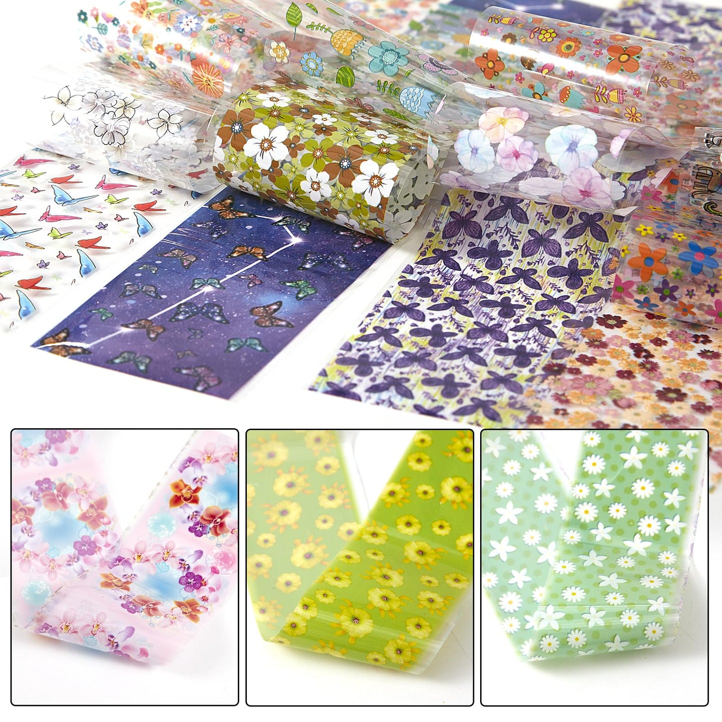 SILPECWEE 300Pcs Flowers Nail Foil, Holographic Nail Art Foil Flower Transfer Foils Paper 3D Floral Nails Stickers Fingernail Wraps Decals Manicure Design Kit Nails Decoration