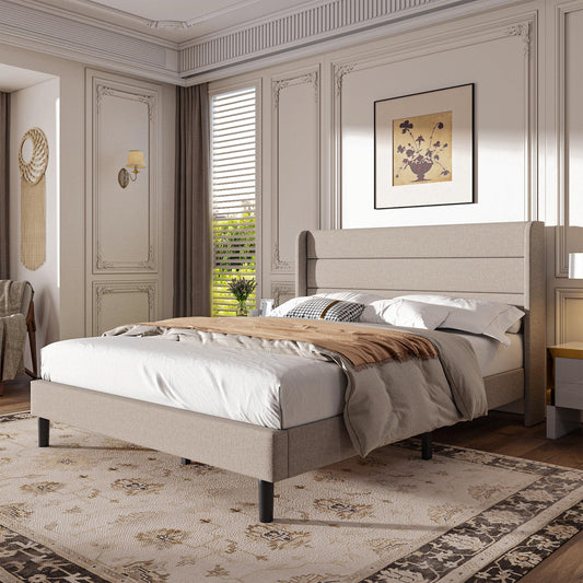 Mxhtcewz Full Size Upholstered Platform Bed Frame, Modern Linen Fabric Bed with Wingback Headboard, Sturdy No Wobble, Noise-Free & Easy Assembly, No Box Spring Needed, Beige