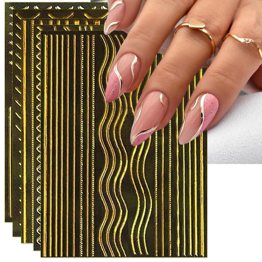 IDDFEVE 12 Sheets Gold Line Nail Art Stickers - French Smile Waves Strip Self-Adhesive Nail Decals for DIY Geometric Manicure