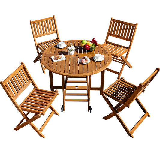 Greesum 5 Piece Patio Dining Set Outdoor Acacia Wood Furniture All-Weather Folding Round Table and Chairs for Backyard, Balcony, Porch, Deck, Garden, Light Brown