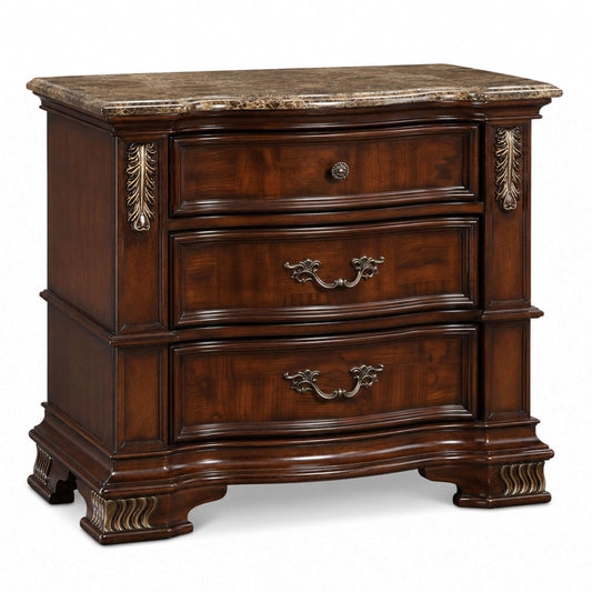 Furniture of America Clairibel Solid Wood 3-Drawer Nightstand with Genuine Marble Top, Felt-Lined Top Storage Bedside Table, Easy Assembly for Bedroom, Guest Room, Home Office, Brown Cherry
